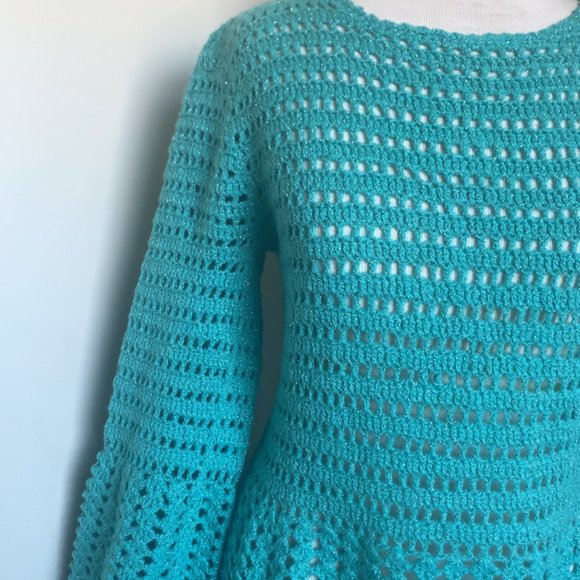 Crochet Bell Sleeve Turquoise Dress with Button Closure - Picture 2 of 8